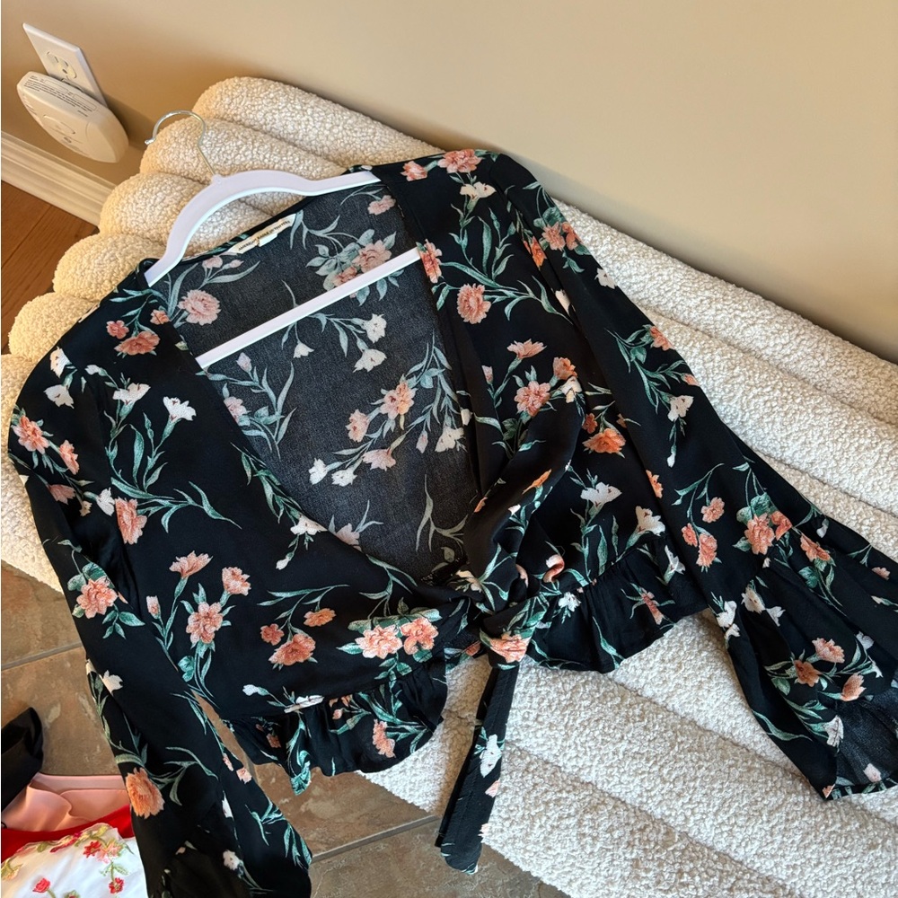 Floral Black Wrap Top
